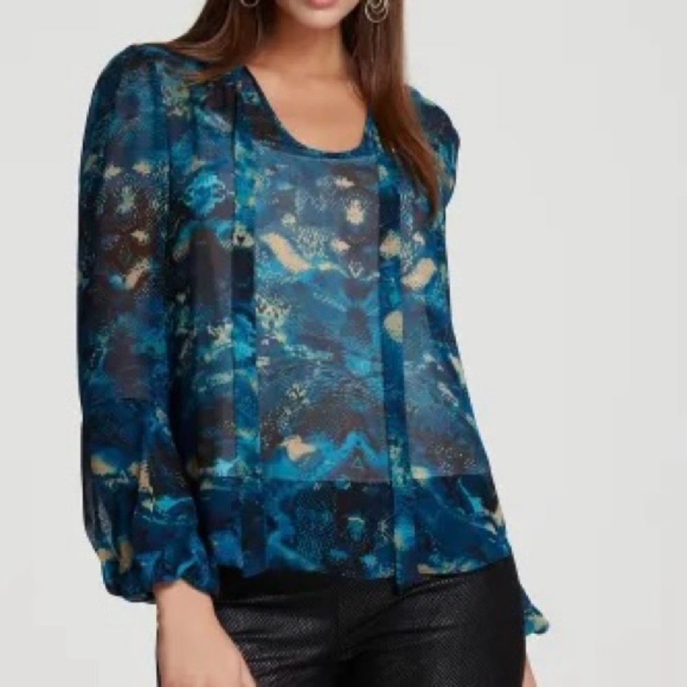 Anne Klein Patterned Lantern Long Sleeve Blouse - Petite XS (PP)